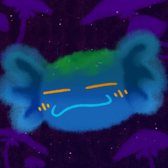 ܁܁Drawing of Ascel's sona, a blue axolotl, with moss and mushrooms on xeir head. It has a content expression, and is drawn on a dark purple background with mushroom silhouettes.