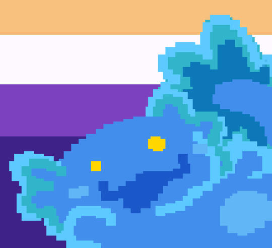 ܁ascel's sona, a small blue axolotl with yellow dot eyes. it smiles happily with a big cat faced grin, tail and arm nubs swaying upwards.